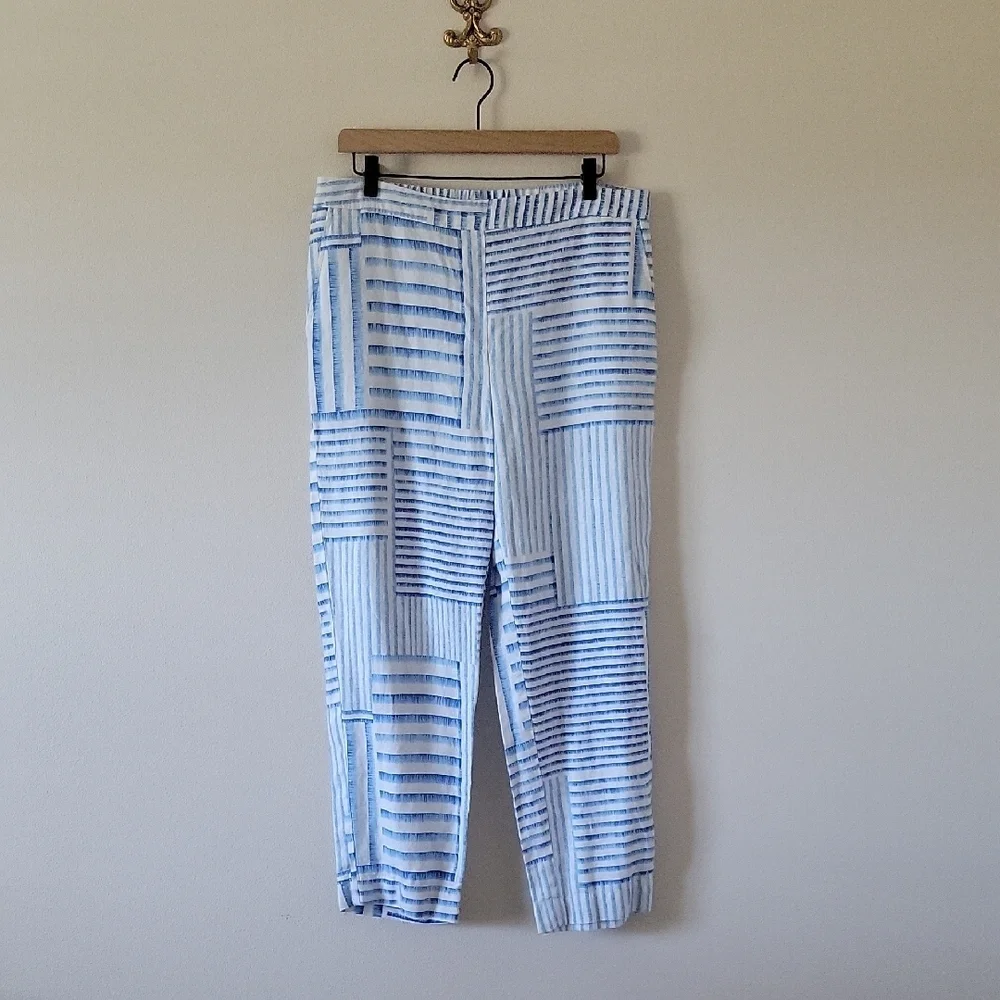 Chico's Blue‎ White Contrast Stripe Linen Pull-on Cropped Pants Size 10